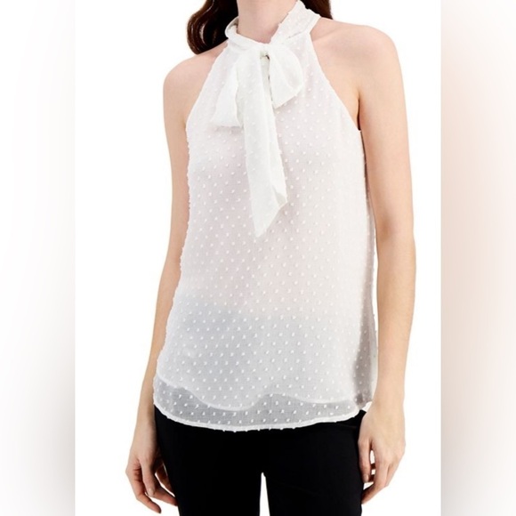 CALVIN KLEIN X Fit Sleeveless White with Gold Tie Neck Top Size Small NWT - Picture 1 of 10
